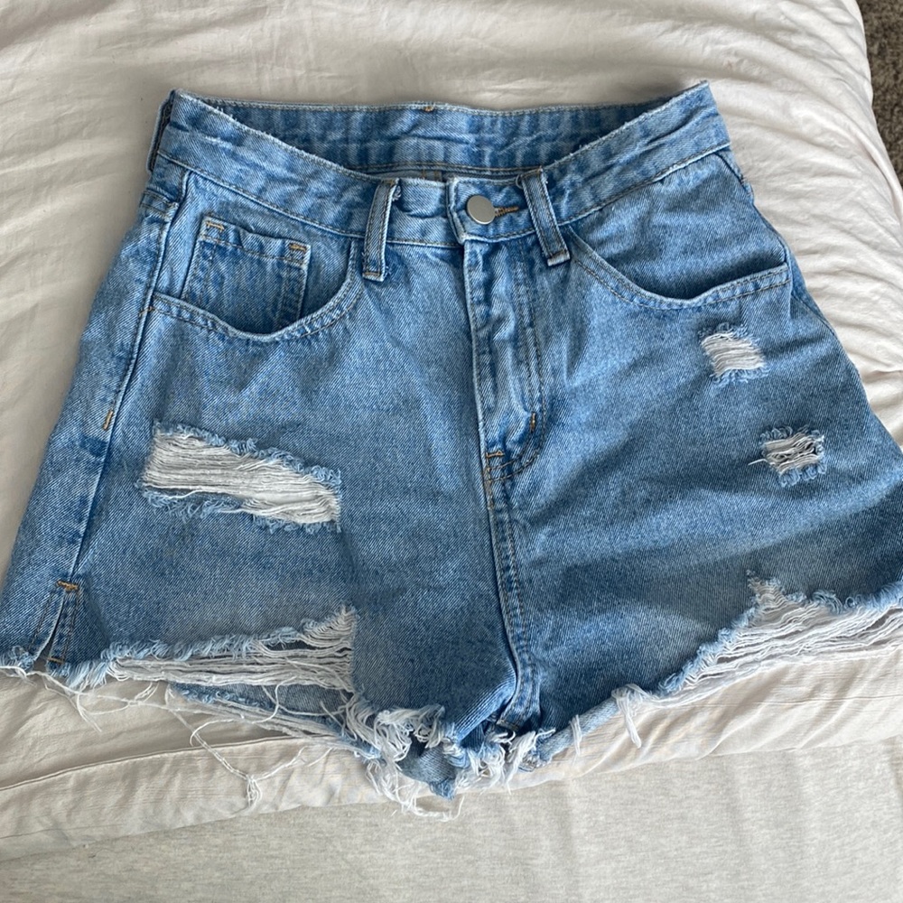 High rise medium wash denim shorts